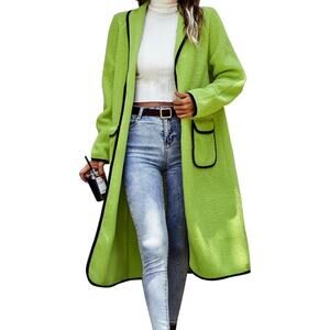 Women Faux Fur Fleece Long Sleeve Coat Open Front Lapel Jacket with Pocket 2XL